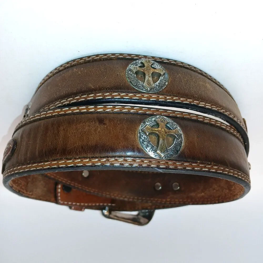 3D Belt Mens Size 40 Brown Hand Tooled Western Concho Cross Studded
